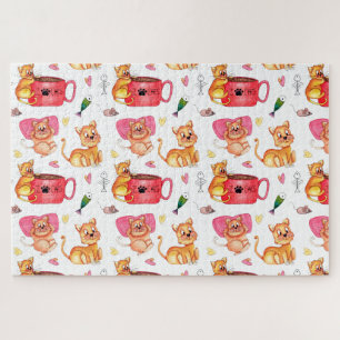 Puzzle Cat crazy watercolor fun cartoon fish mice pattern