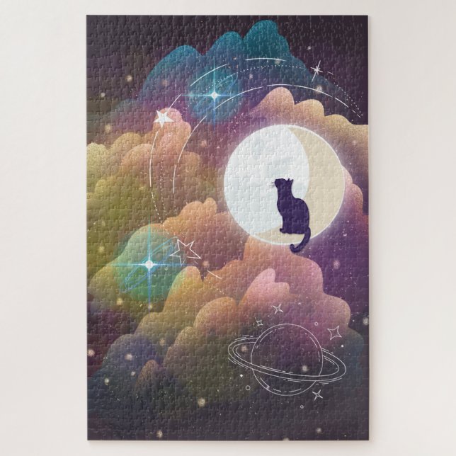 Puzzle Cat noir coloré Crescent Lune (Vertical)