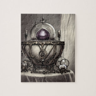 Puzzle Cauldron argenté orné avec balle en cristal violet