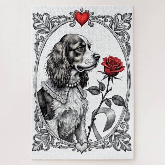 Puzzle Cavalier King Charles Victorian Etching Valentine (Vertical)