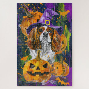 Puzzle Cavalier King Chien Halloween Sorcière Et Citrouil