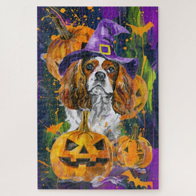 Puzzle Cavalier King Chien Halloween Sorcière Et Citrouil (Vertical)