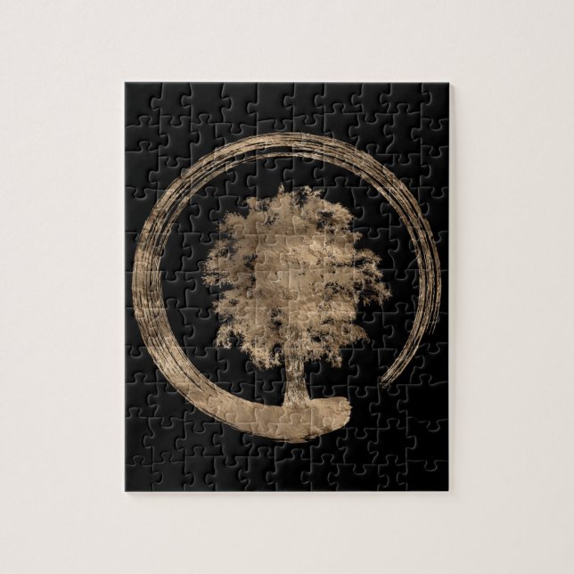 Puzzle Cercle de zen d'Enso et arbre - or sur le noir (Vertical)