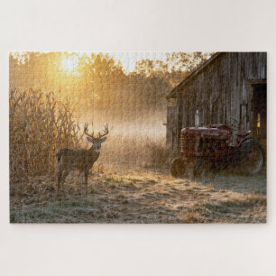 Puzzle Cerf de Virginie avec tracteur rouge vintage
