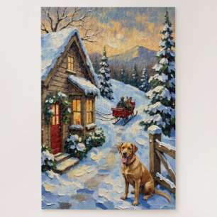 Puzzle Chalet de Noël vintage avec Labrador Retriever