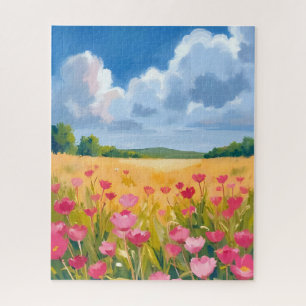 Puzzle Champ de fleurs sauvages roses, peinture à l'aquar