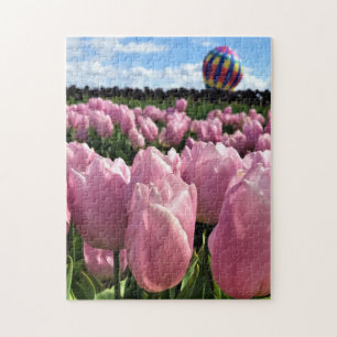 Puzzle Champ de tulipes roses avec montgolfière, Oregon