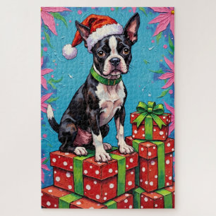 Puzzle Chapeau de paquets de Noël Pop Art Boston Terrier