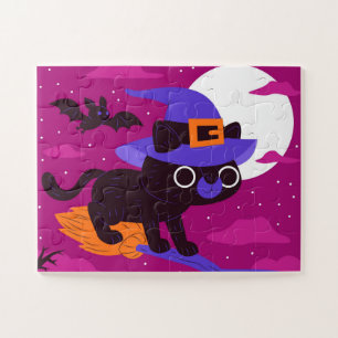 Puzzle Charmante chatte sorcière volant sur un balai Hall