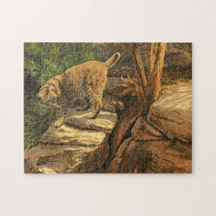 Puzzle Chasse Bobcat Parmi Les Rochers, Peinture Acryliqu