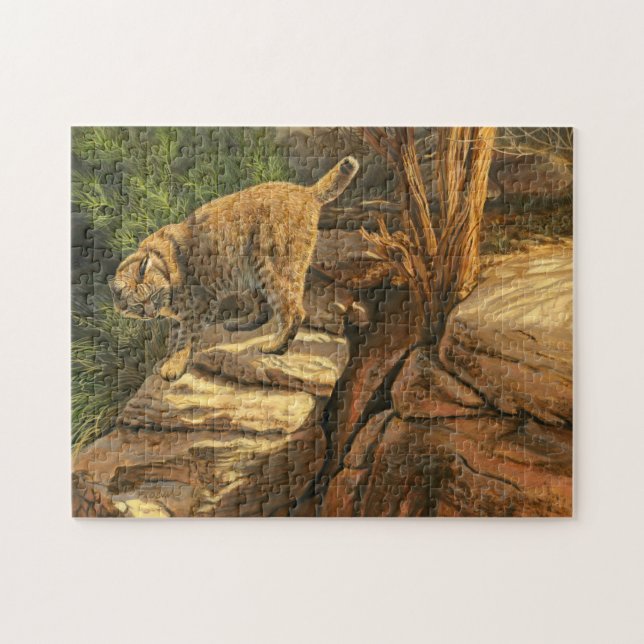 Puzzle Chasse Bobcat Parmi Les Rochers, Peinture Acryliqu (Horizontal)