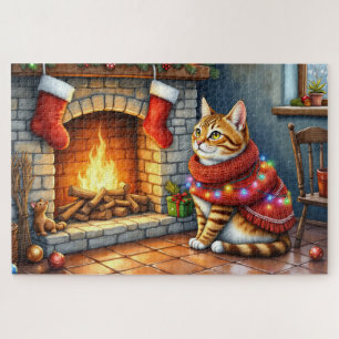 Puzzle Chat abyssin assis près de la cheminée à Noël