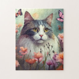 Puzzle Chat avec fleurs et papillons Chat 701