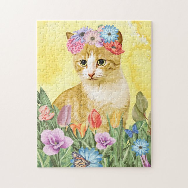 Puzzle Chat avec ressort de fleurs (Vertical)