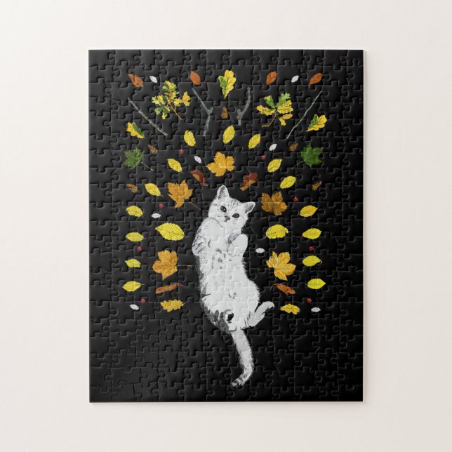 Puzzle Chat blanc avec illustration des feuilles de chute (Vertical)