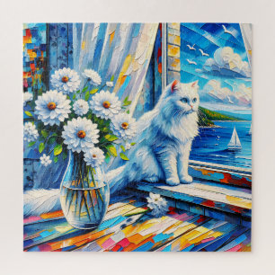 Puzzle Chat blanc dans le rebord de fenêtre Vue sur l'océ