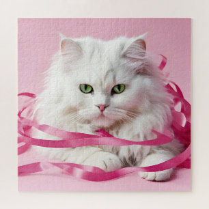 Puzzle Chat Blanc En Tangé En Rubans Roses