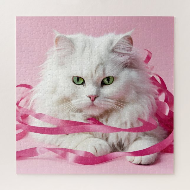 Puzzle Chat Blanc En Tangé En Rubans Roses (Horizontal)