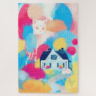 Puzzle Chat blanc et Maison de campagne
