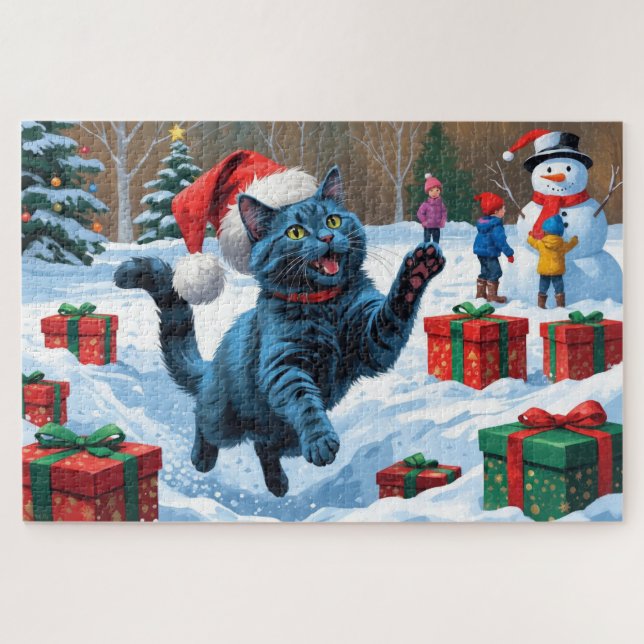 Puzzle Chat bleu russe à la neige avec Casquette de Noël (Horizontal)