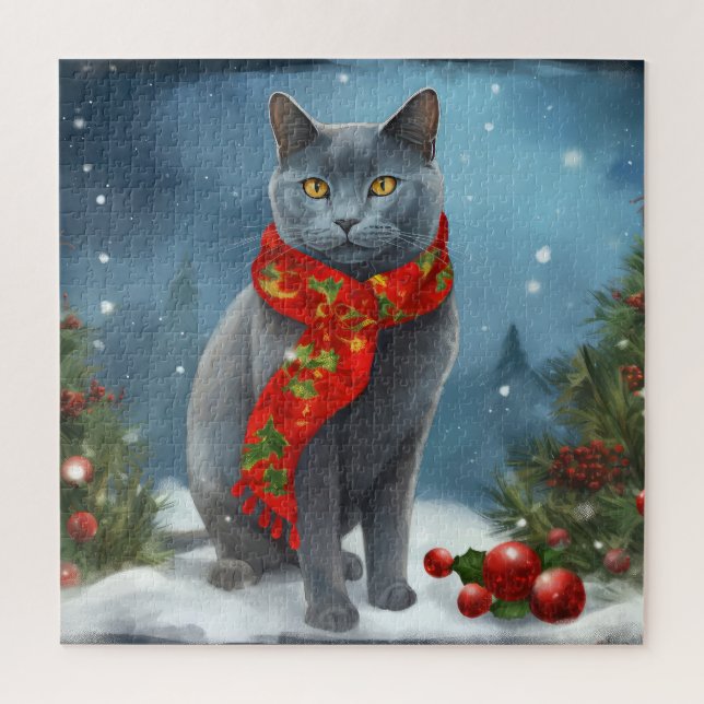 Puzzle Chat bleu russe à Noël de neige (Vertical)