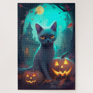 Puzzle Chat bleu russe d'Halloween avec la peur Citrouill