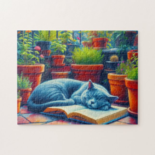 Puzzle Chat bleu russe dormant sur une peinture de livre (Horizontal)