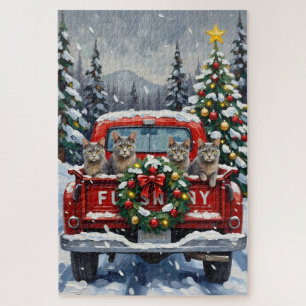 Puzzle Chat Bleu Russe Noël Camion Rouge Fêtes