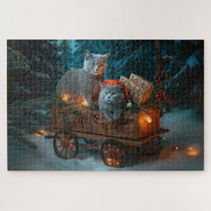 Puzzle Chat Bleu Russe Sleigh Neigeux Décor Noël