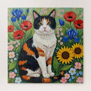 Puzzle Chat calicot et tournesols d'art populaire