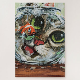 Puzzle Chat Curieux & Poisson Rouge Prudent