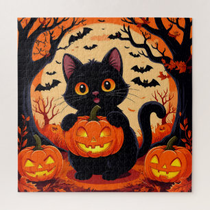 Puzzle Chat de dessin animé et citrouilles sous la pleine