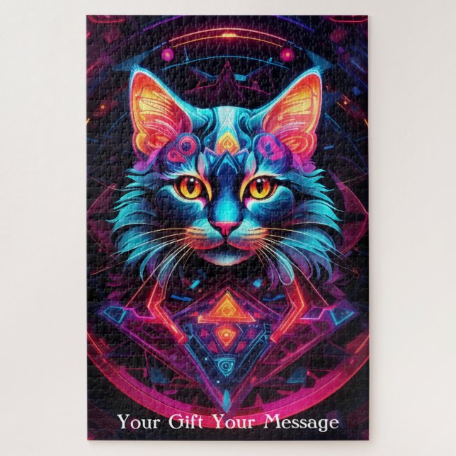 Puzzle Chat de gardien cosmique - Neon Galaxy Mandala (Vertical)