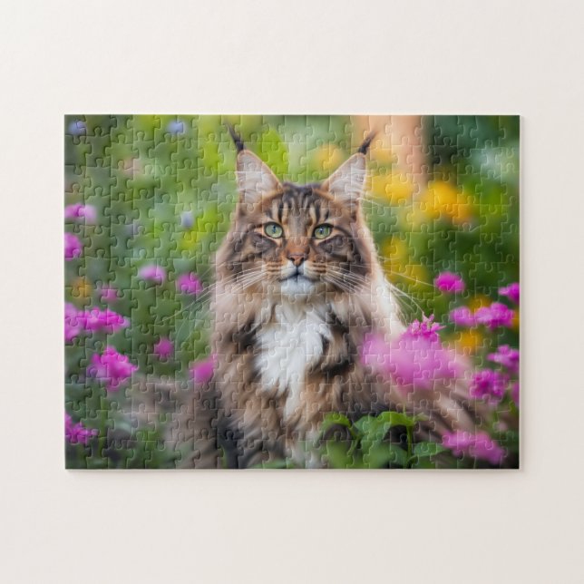 Puzzle Chat de Maine Coon en champ de fleurs (Horizontal)