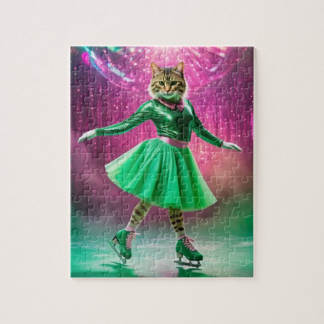 Puzzle Chat de patinage sur glace adorable en vert (Vertical)