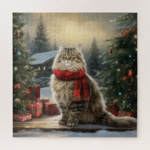 Puzzle Chat de Sibérie en Noël de Neige