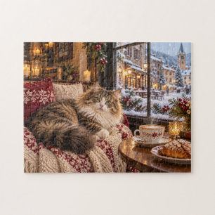 Puzzle Chat d'hiver confortable se reposant à l'intérieur