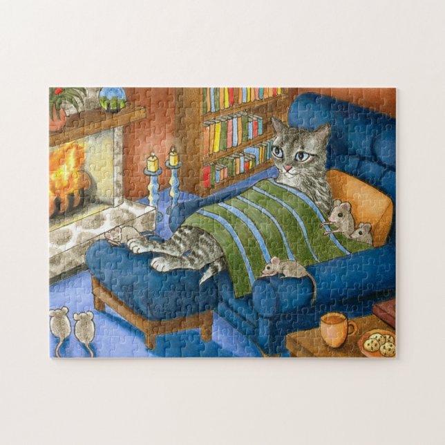 Puzzle Chat et souris assis devant une cheminée 459 (Horizontal)
