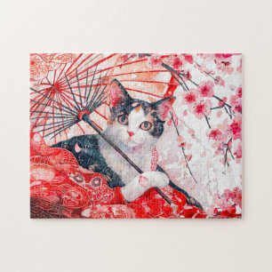 Puzzle Chat Geisha avec parapluie dans la peinture à l'en