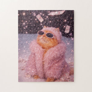 Puzzle Chat Glam Money en manteau de fourrure rose et lun