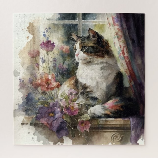 Puzzle Chat Kitten Fleurs violettes Fenêtre Lumière du so (Vertical)