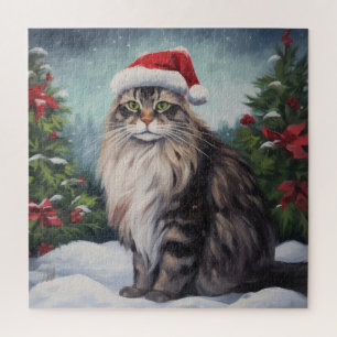Puzzle Chat Maine Coon à Noël de neige