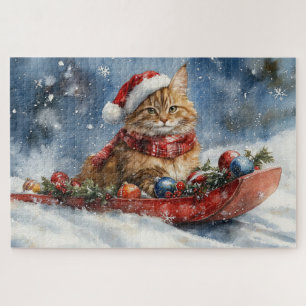 Puzzle Chat Maine Coon en traîneau Laissez neige Noël