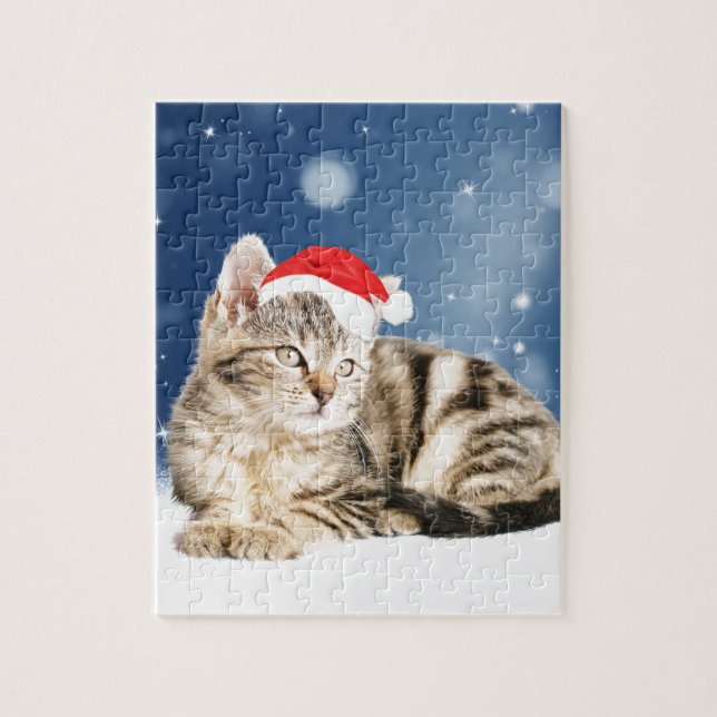 Puzzle Chat mignon portant chapeau de Noël rouge neige (Vertical)