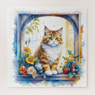 Puzzle Chat mignonne en fenêtre de fleurs