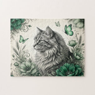 Puzzle Chat Mystique Avec Fleurs