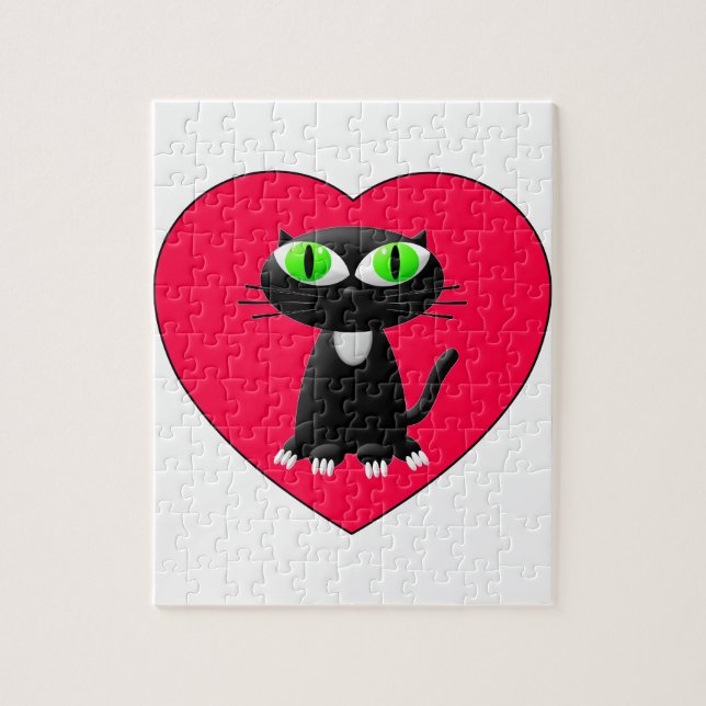 Puzzle Chat noir dans le coeur rouge (Vertical)