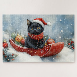 Puzzle Chat noir dans un traîneau Laissez tomber la neige