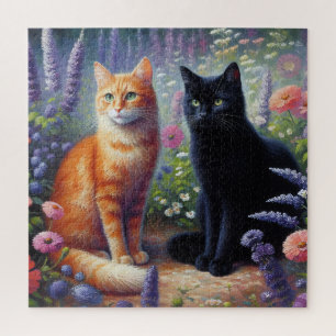 Puzzle Chat noir et Chat orange avec Fleurs sauvages