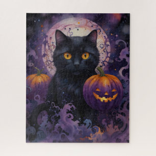 Puzzle Chat noir et Citrouilles d'Halloween au clair de l